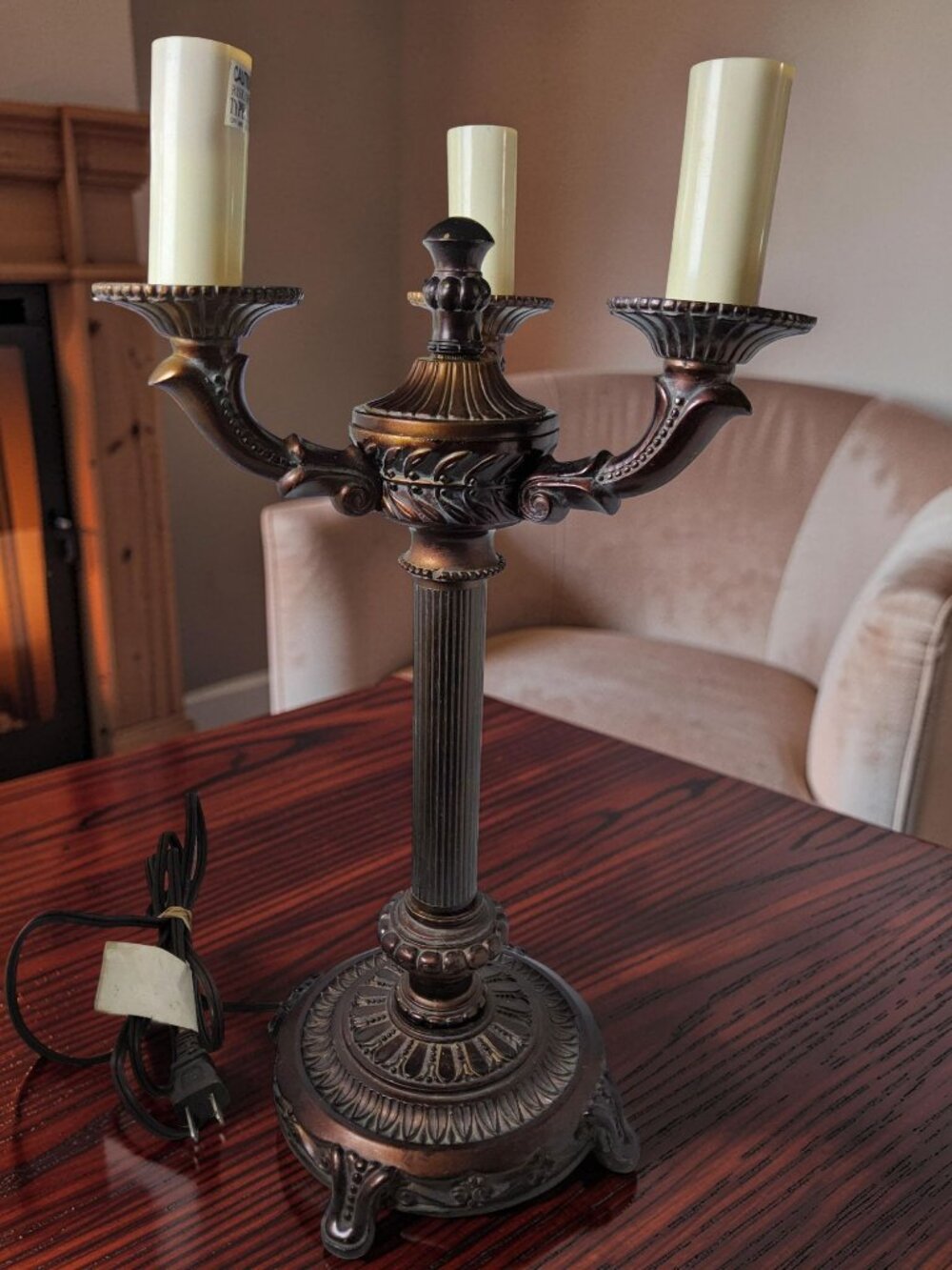 Ornate Bronze-finish Baroque-style Resin Three-light Electric Candelabra Table L